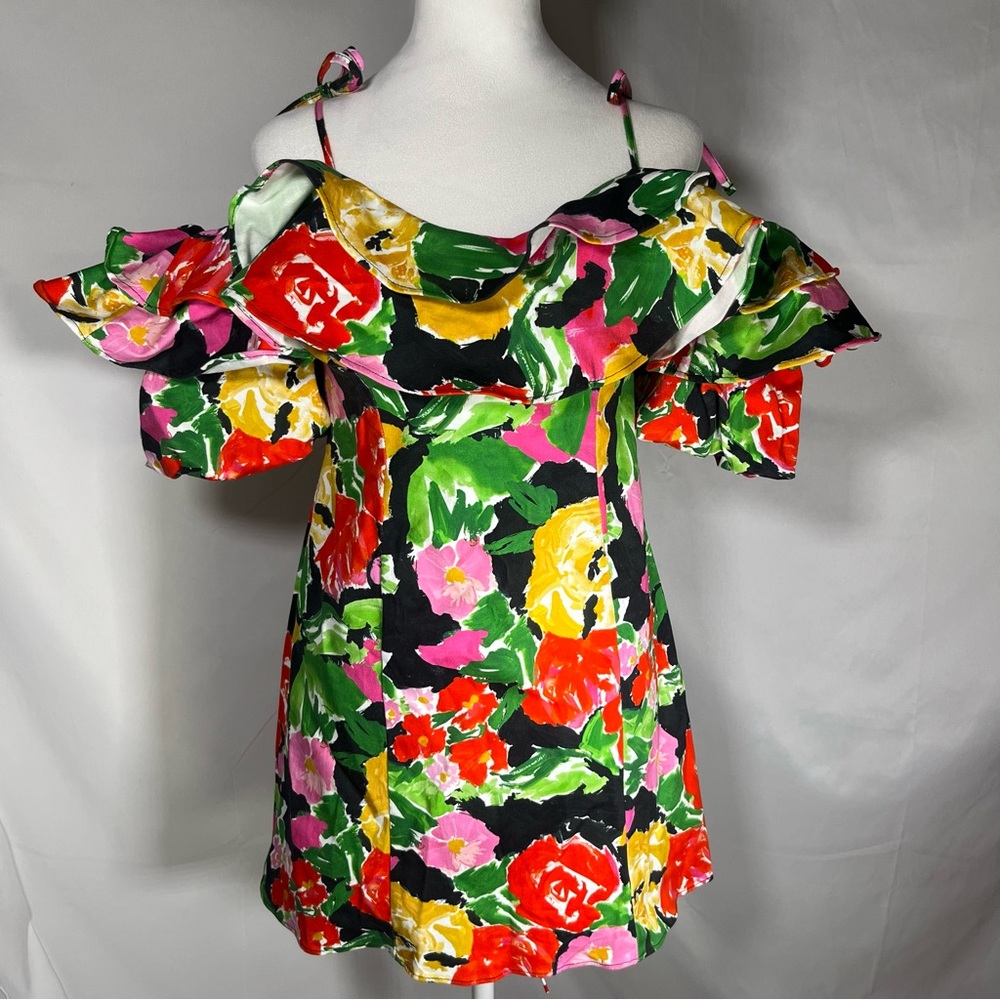 Top Shop Off The Shoulder Bold Floral Ruffle Bardot Mini Dress 4 Feminine Fairy - Picture 2 of 9